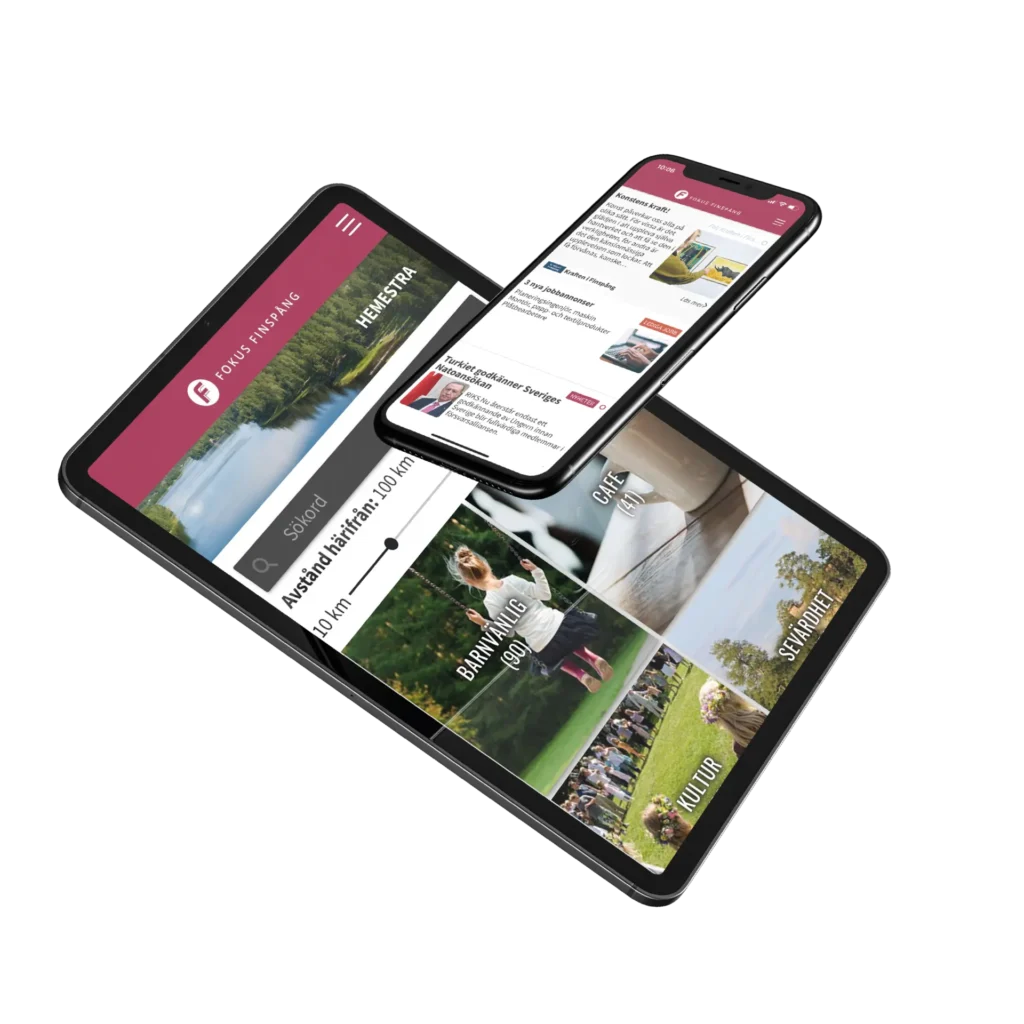 Telefon och surfplatta som visar Fokus Finspång appen